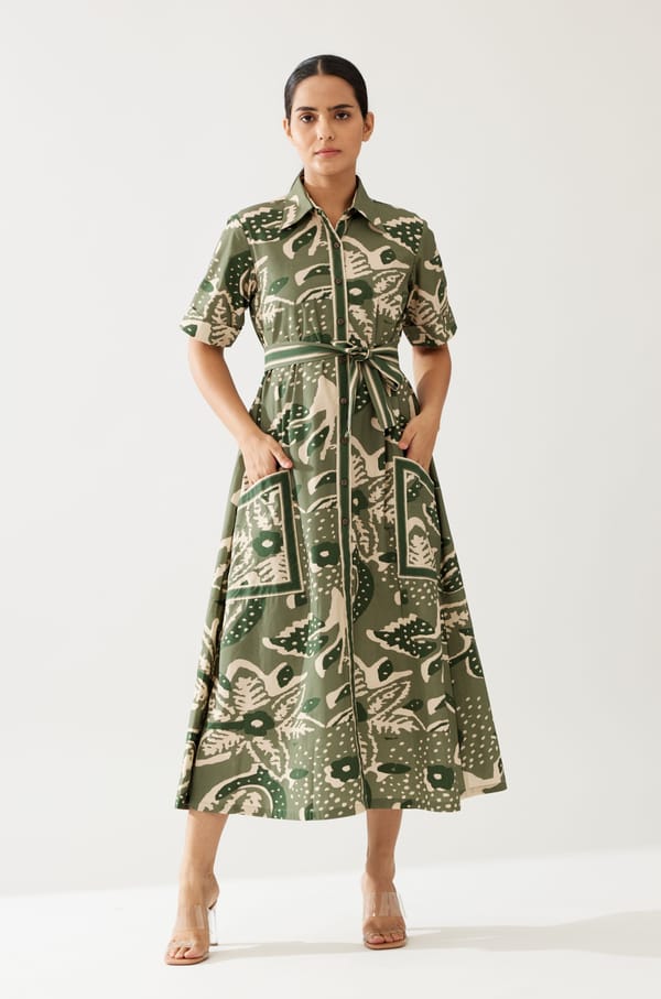 Green And Cream Floral Shirt Dress — KoAi