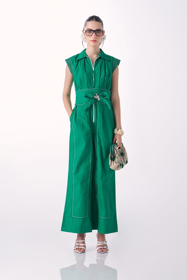 Emerald Zip-Front Belted Wide-Leg Jumpsuit — Our Love