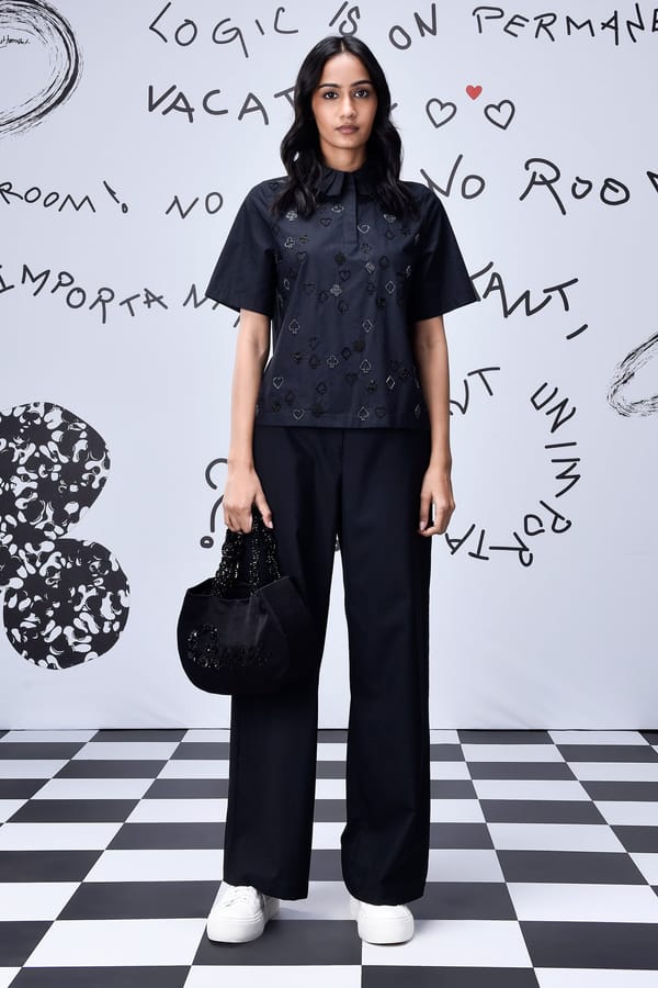 Black Beaded Embroidery Regular-Fit Mandarin Collar Top — Genes Lecoanet Hemant
