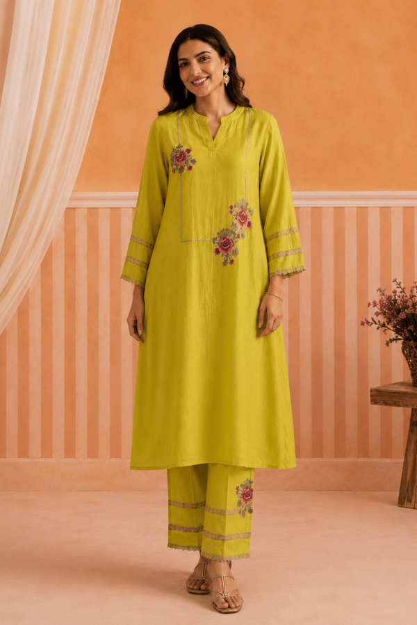 Tunic set with square yoke and cross-stitch motifs — Omi Clothing