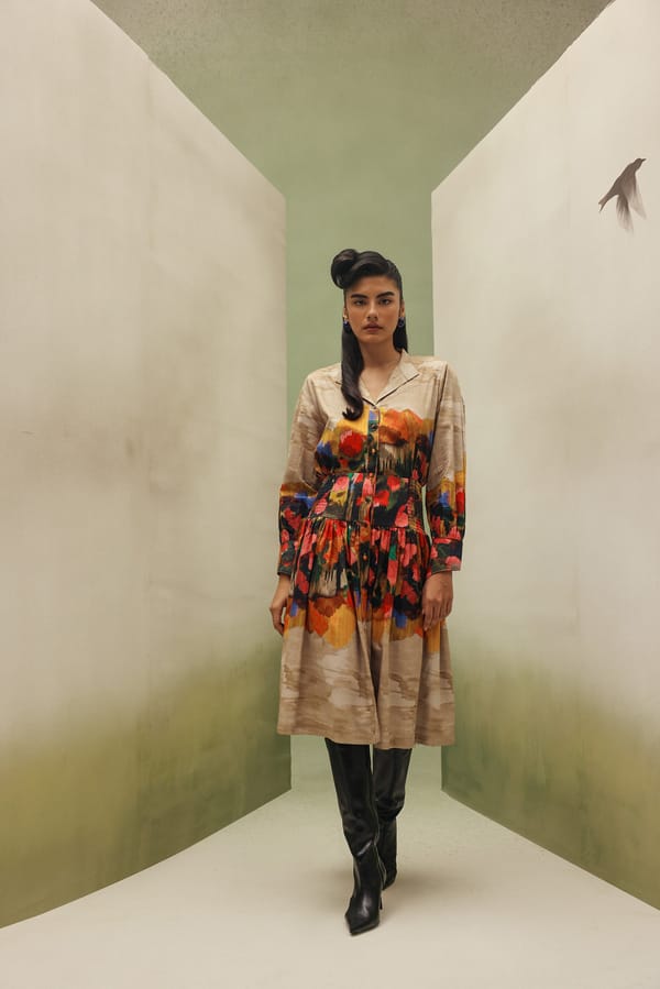 Beige Abstract Print Smocked Waist Midi Shirt Dress — SHOP NOIB