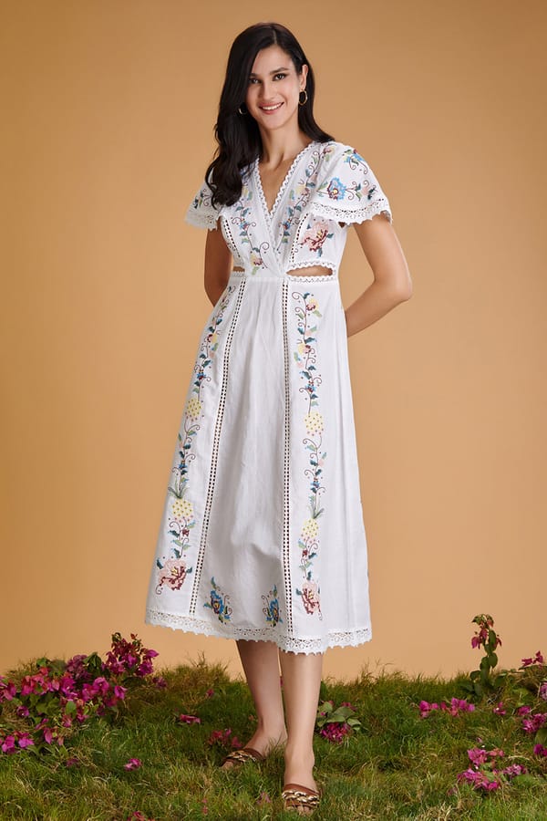 White Embroidered Fit and Flare Midi Dress — BOHO-CHIC