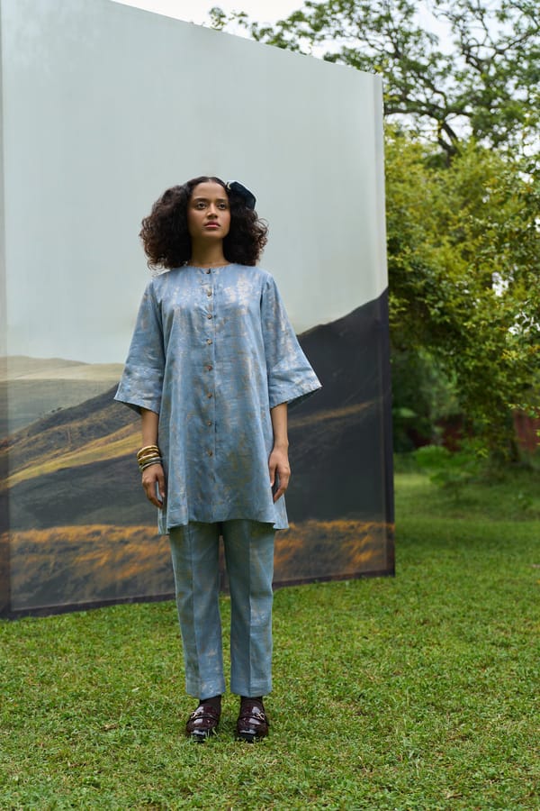 Blue Organic Hemp Printed Kurta and Pants Set — ALTER NATIVE