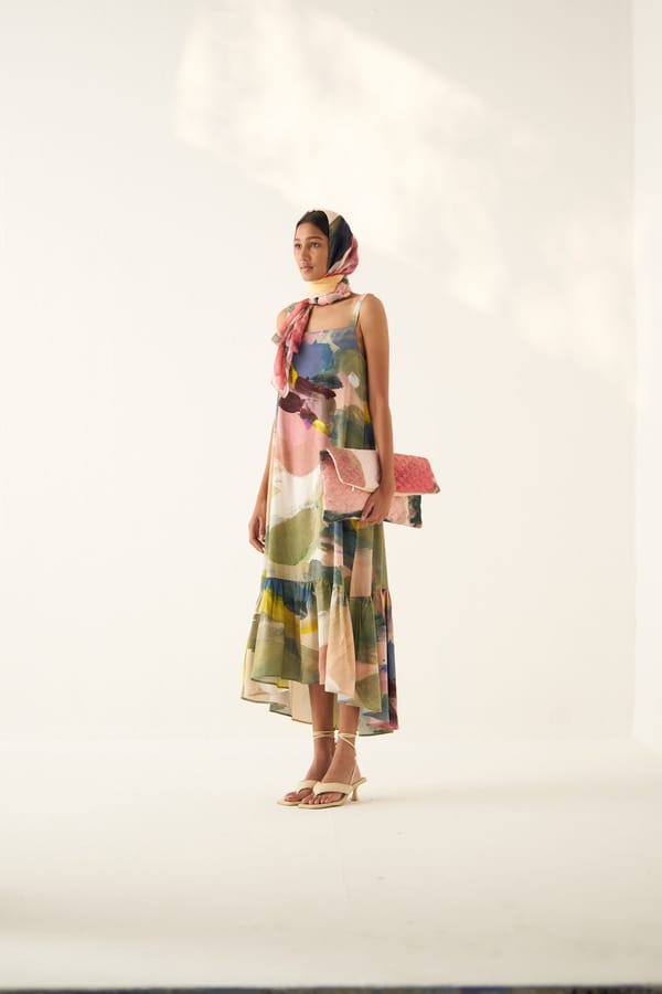 Abstract Print Tiered Midi Dress with Square Neck — Ofrida