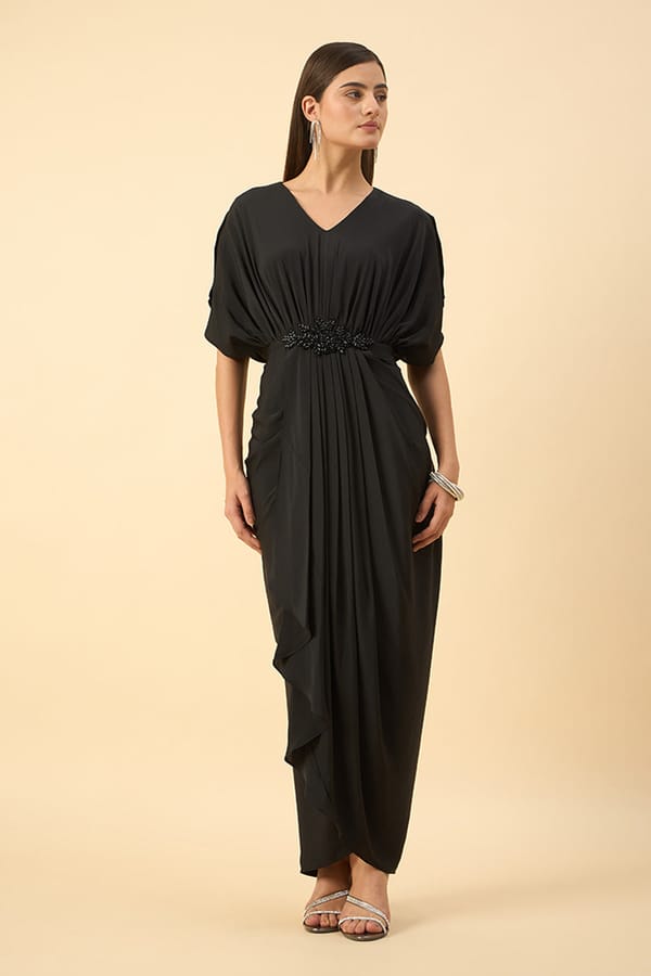 Noir Crystal Drape Dress (Drape Dress) — Aakaar