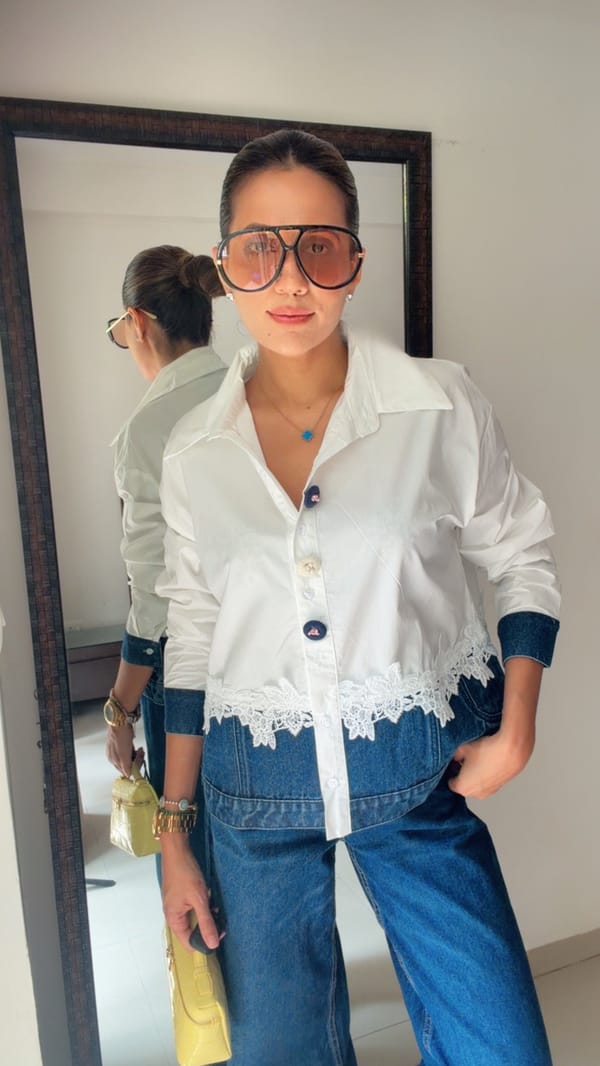 Lace Trim Denim Contrast Shirt — CLOSET AFFAIR