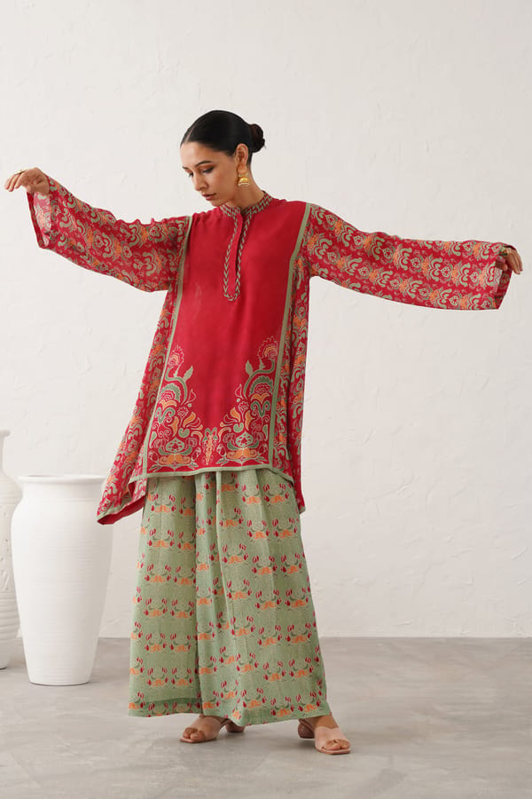 Red and Green Printed Tunic and Wide-Leg Pants Co-ord Set — NEETIKA CHOPRA