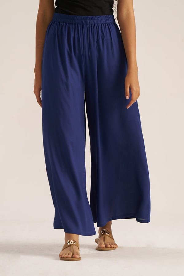 Blue Palazzo Pull-On Trousers with Elasticated Waist — Ganga Fashions Pvt Ltd