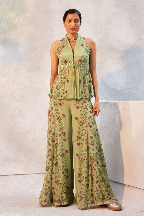 Mint Chiffon Halter Peplum and Wide-Leg Pant Co-ord Set — Basil Leaf