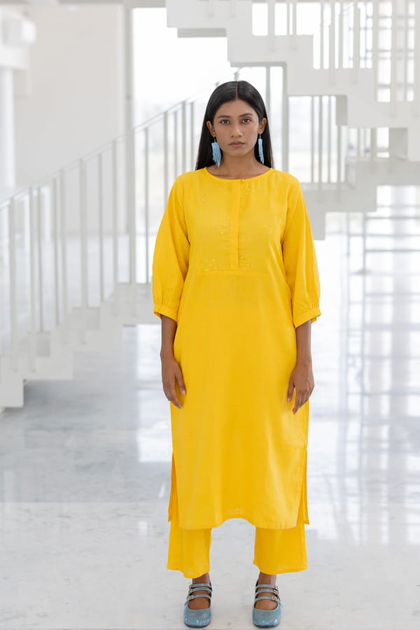 Sunflower Yellow Straight Kurta Set with Sequin Embroidery — Silai studio
