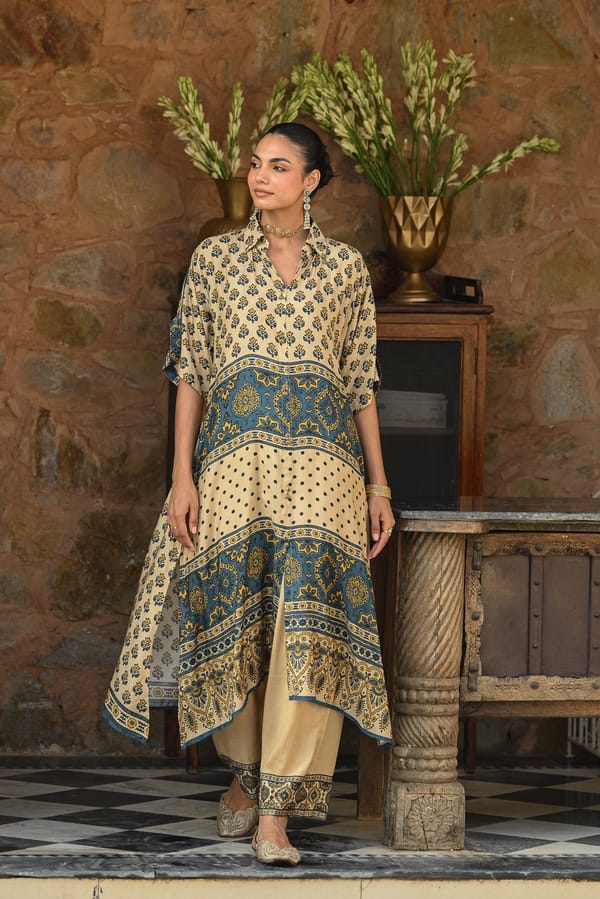 Beige and blue block and Ajrakh Print Kaftan Kurta Set-SET OF-2 — MAHEE JAIPUR