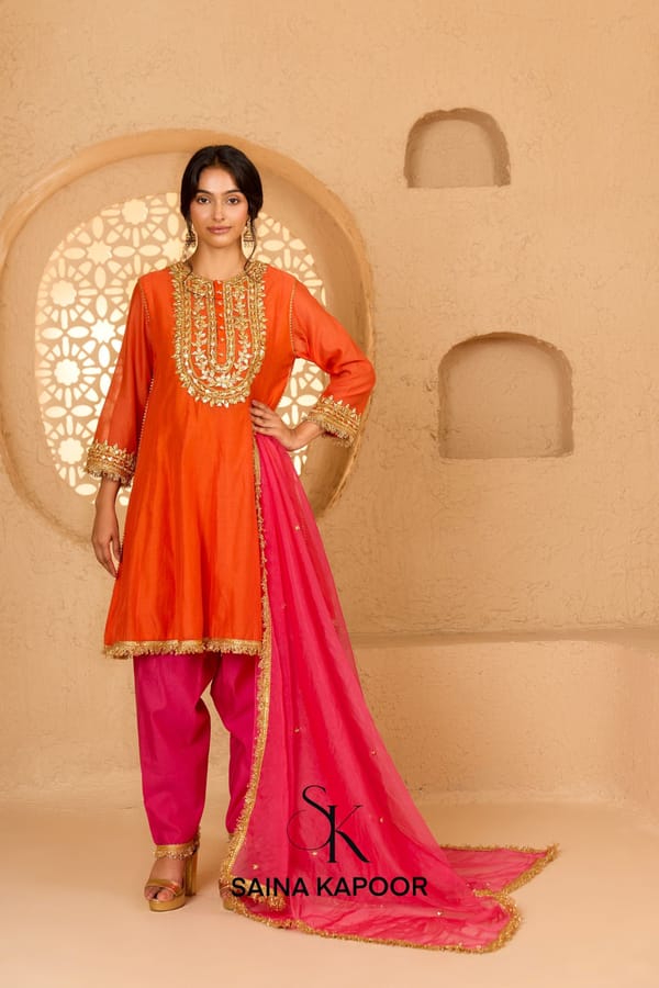 Orange Cotton Chanderi Short Anarkali — SAINA KAPOOR