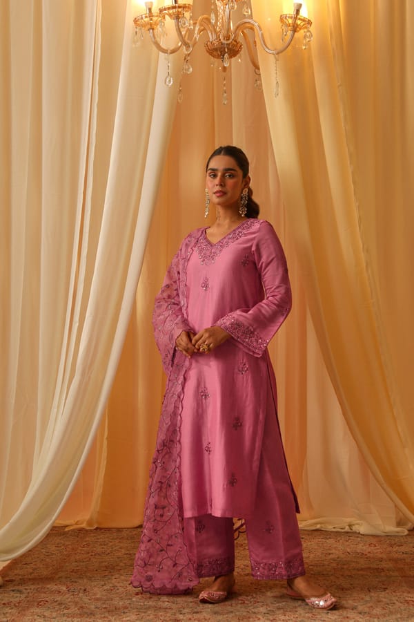 Pink Embroidered Chanderi Suit Set with Organza Dupatta — NARAYANI VASTRA