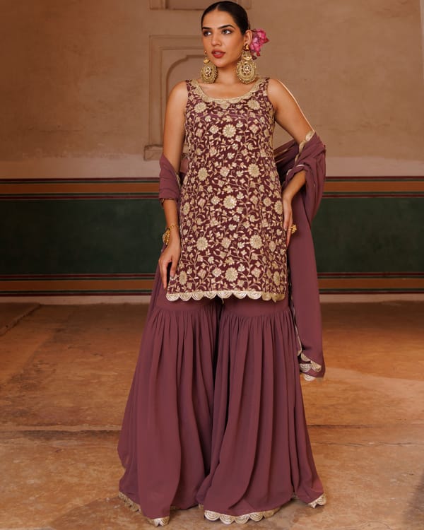 Mauve Crepe Embroidered Sharara Set — Bannhi by Priyanka Rathore