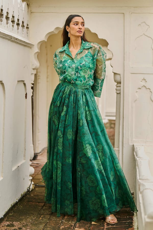 Tonal Green Printed Organza Shirt and Maxi Skirt Co-ord Set — Dash and Dot
