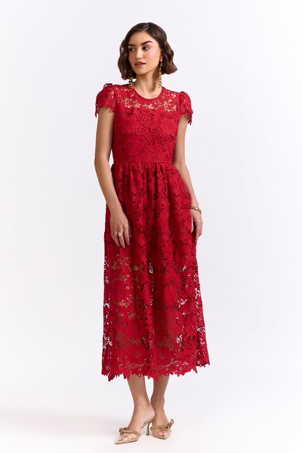 Red Lace Fit and Flare Midi Dress — AVERIE