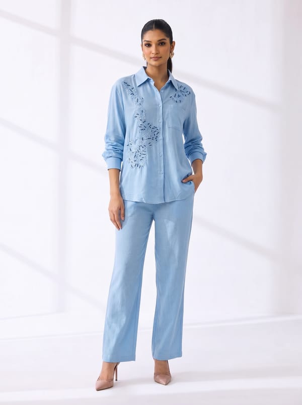 Light Blue Linen Embroidered Shirt and Pant Co-ord Set — THE LUXURY DRESSING