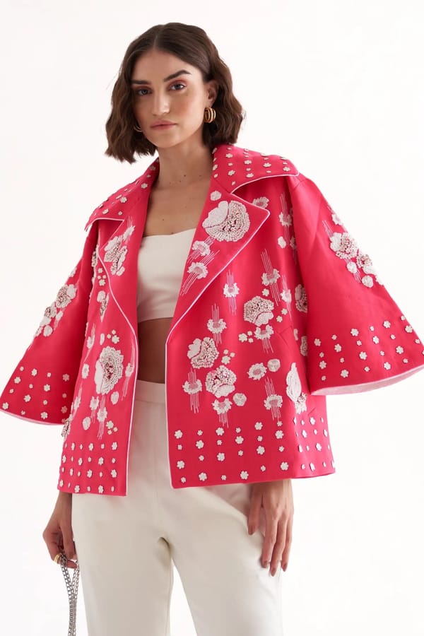 Fuchsia Oversized Embroidered Jacket with Contrast Piping — Our Love