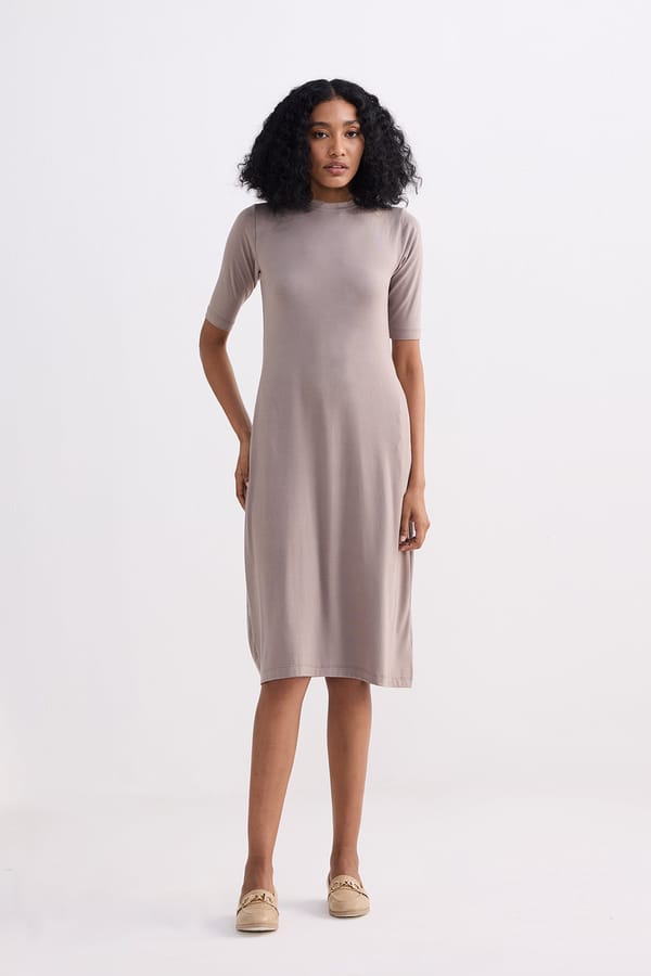 High Crew Neck Elbow Sleeves Fitted Dress — REISTOR