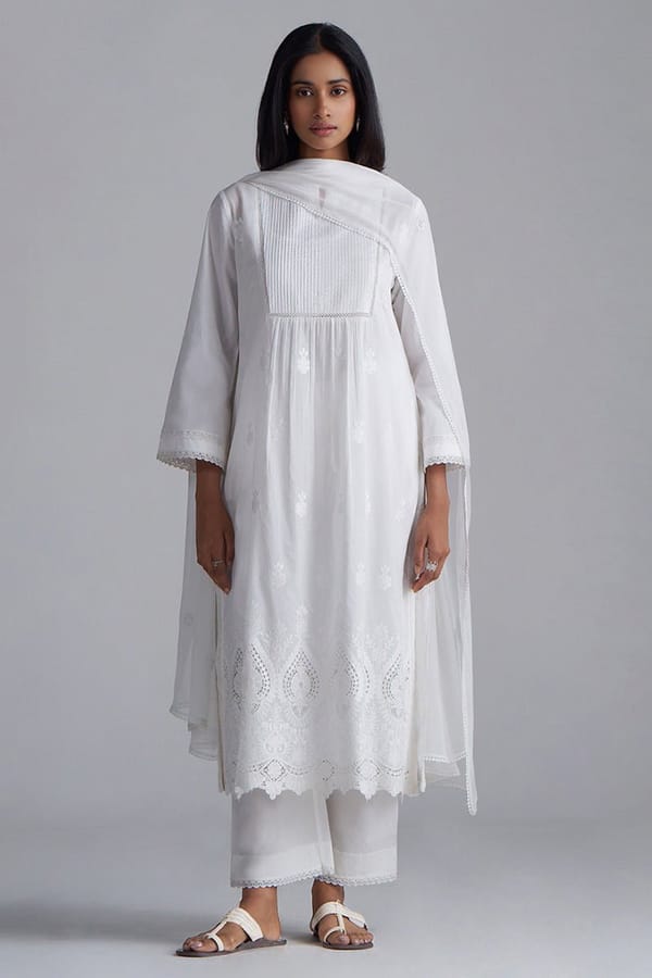 White Mul-Mul Chikankari Kurta Set with Dupatta — Ganga Fashions Pvt Ltd