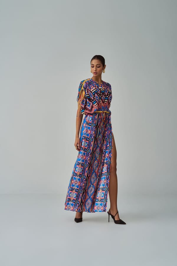Blue Multicolor Ikat-Inspired Maxi Kaftan with Drawstring Waist — Saaksha and Kinni