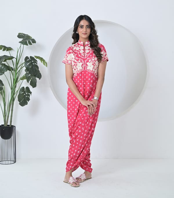 Pink Bandhani Print Embroidered Jumpsuit — RUCHIKA MALLIKA LABEL