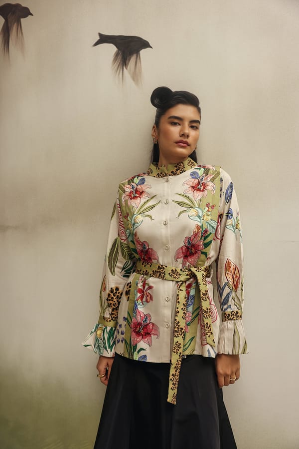Cream Floral Cotton Satin Shirt with Belt — SHOP NOIB