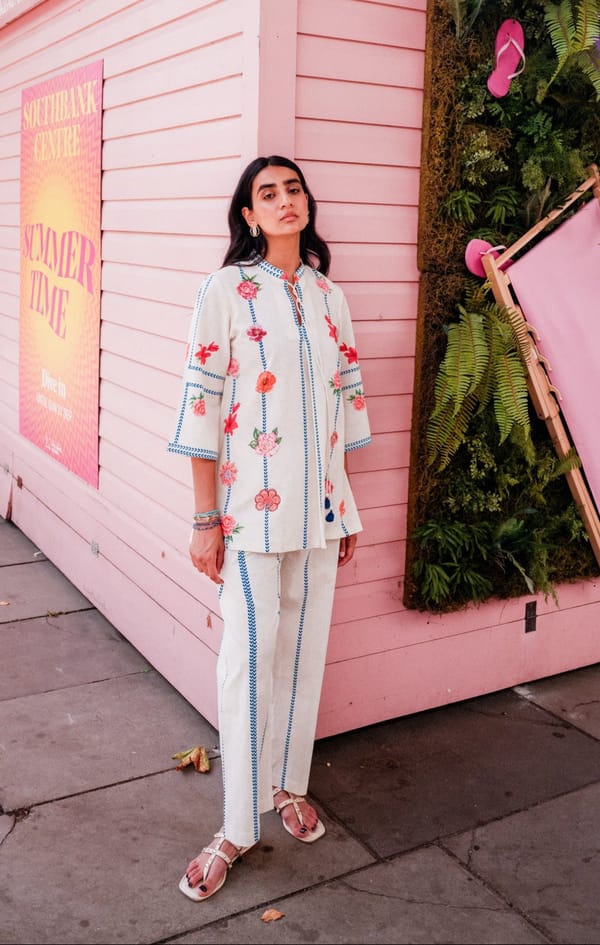 Cream Floral Printed Linen-Cotton Co-ord Set — INCHING INDIA