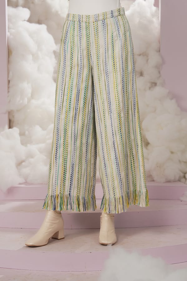 Green High-Rise Wide-Leg Striped Trousers with Fringe Hem — Chöjé