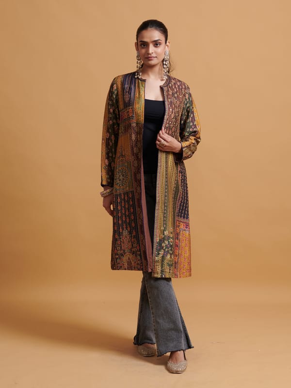 Green Longline Patchwork Print Jacket with Resham Embroidery — SAUNDH