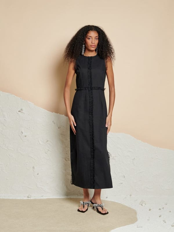 Black Sleeveless Straight Midi Dress with Ruffle Trim — SISTER JANE