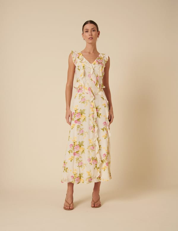 White Floral Ruffle Trim Slip Midi Dress — Nobody's Child