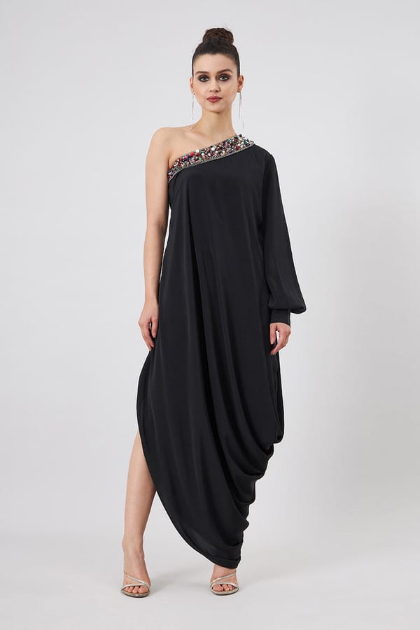 Black One-Shoulder Embellished Draped Maxi Dress — Aakaar