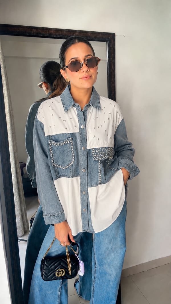 Studded Denim Contrast Statement Shirt — CLOSET AFFAIR