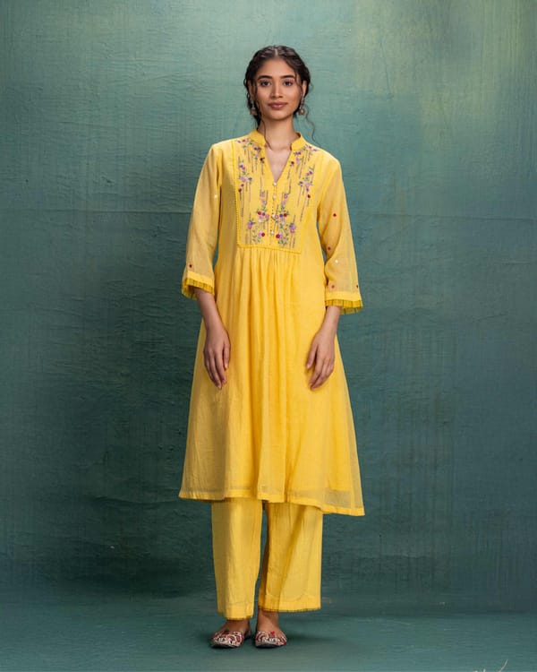 Yellow Machine Embroidery Coord Set — Kahani Lush
