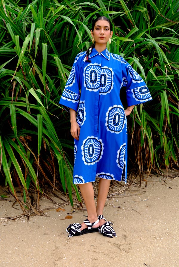 Blue Block Print Midi Shirt Dress with Contrast Piping — JODI