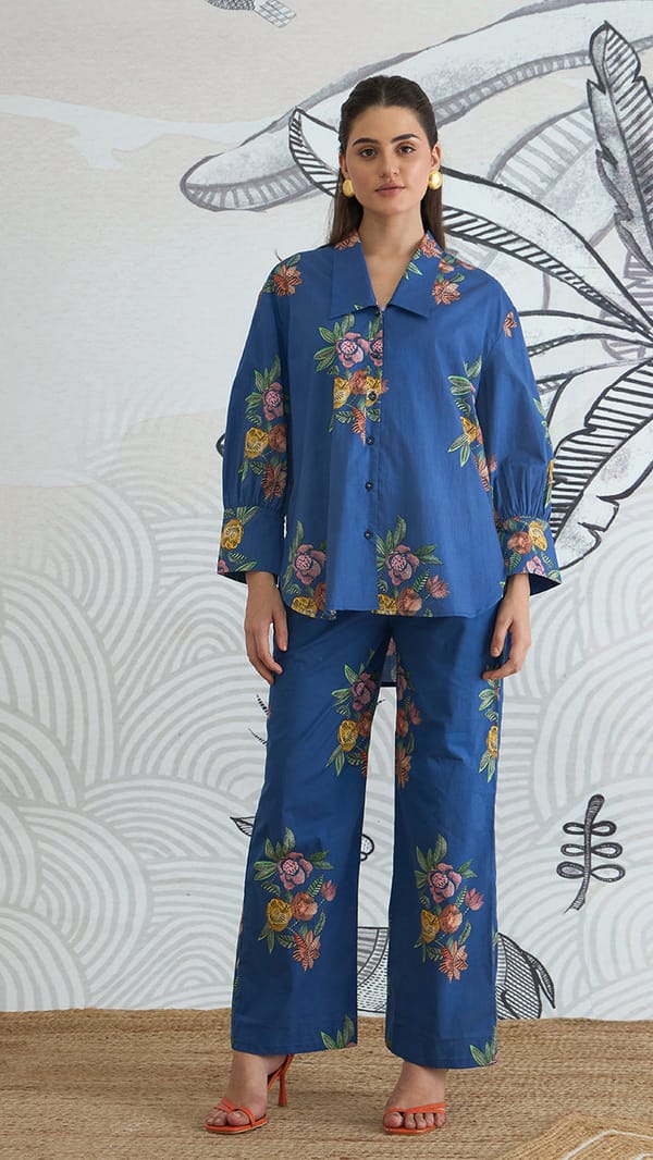 Flower Big Collar Shirt With Blue Flower Pant — SHIVANI BHARGAVA