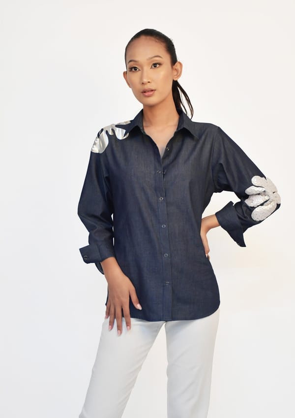 Blue Denim Comfort Fit Shirt with Applique and Embroidery — Richa Goenka