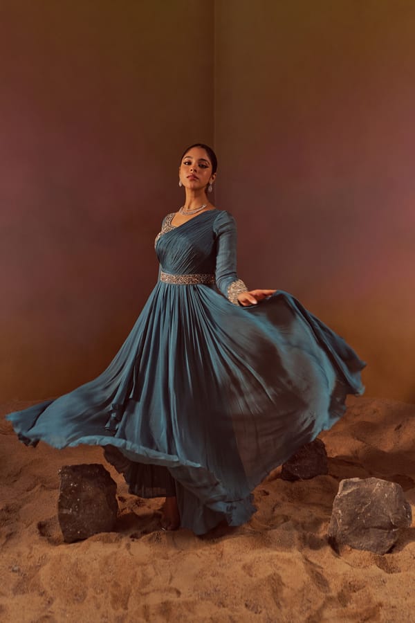 Greyish Blue Chiffon Mirror Work Maxi Gown — QUNIC