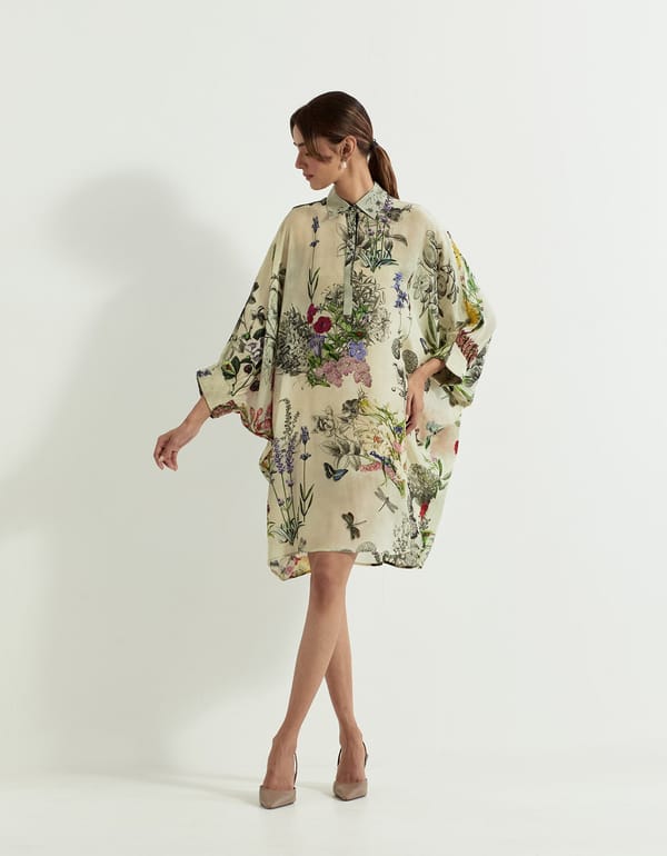 Multicolor Botanical Printed Crepe Kaftan Dress — Kavita Bhartia