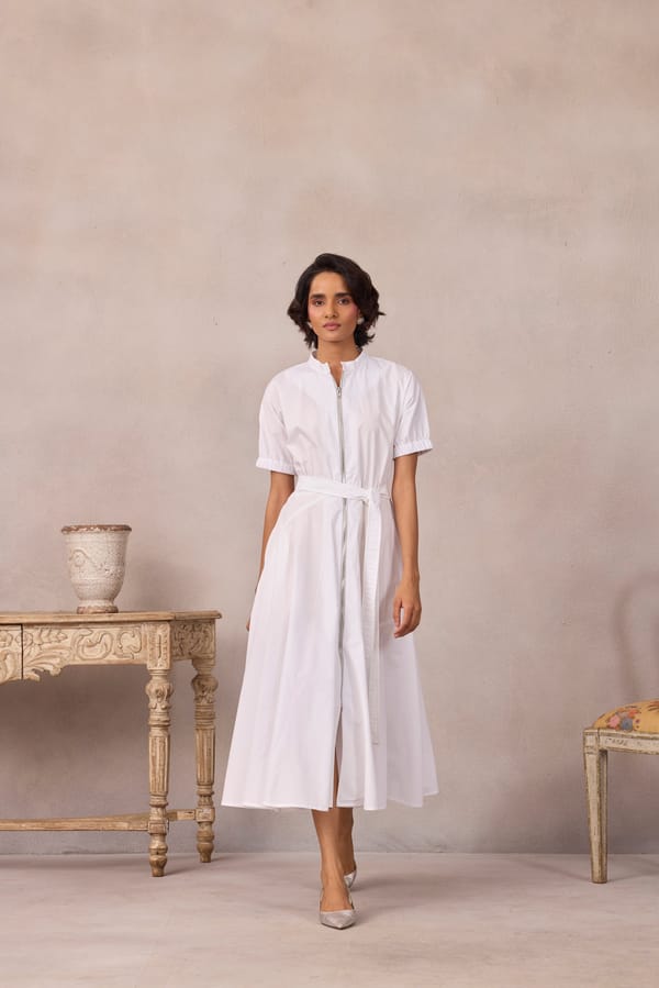 Bright White Zip-Front Fit and Flare Midi Dress — 63East