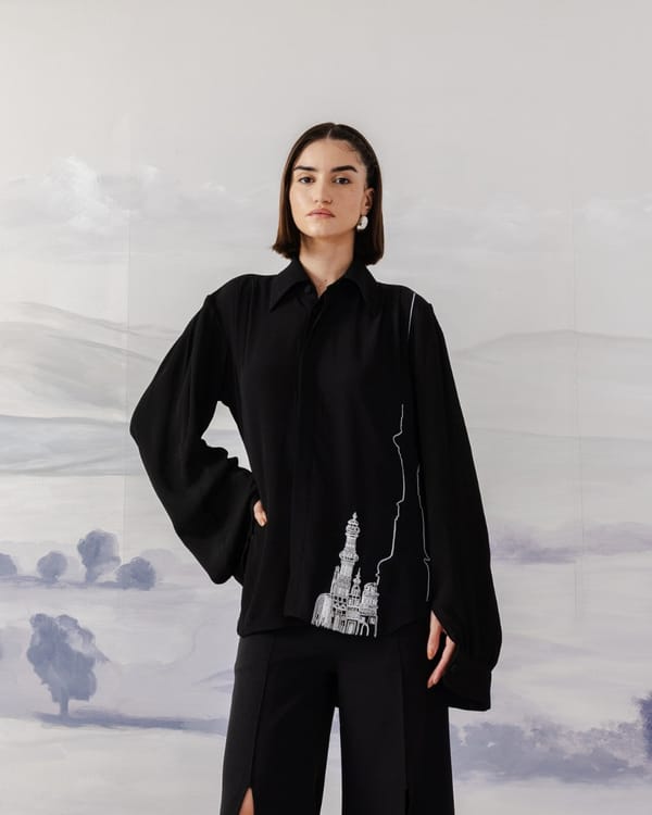 Black Crepe Relaxed-Fit Shirt with Line Embroidery — Orthodox