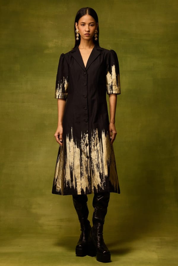 Black Denim Fit and Flare Midi Dress with Gold Foil — Pocketful Of Cherrie