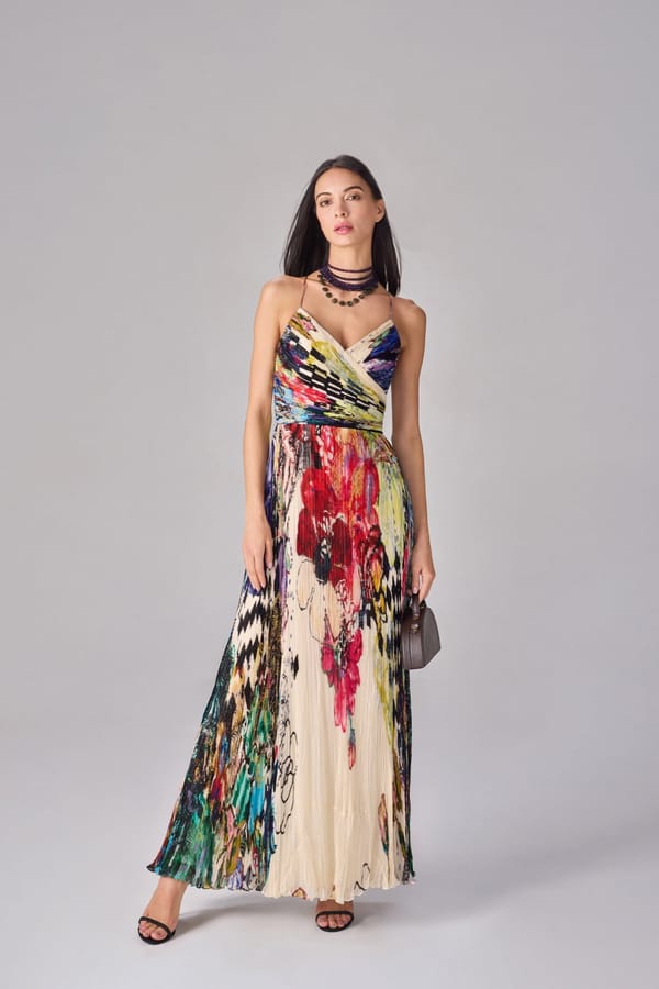 Multicolour Printed Chiffon Micro-Pleated Maxi Dress — Saaksha and Kinni