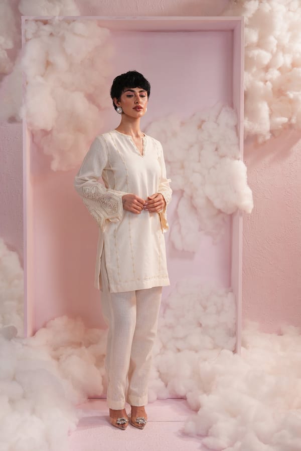 Cream Pearl-Embroidered Kurta and Pant Co-ord Set — Simar Tuli