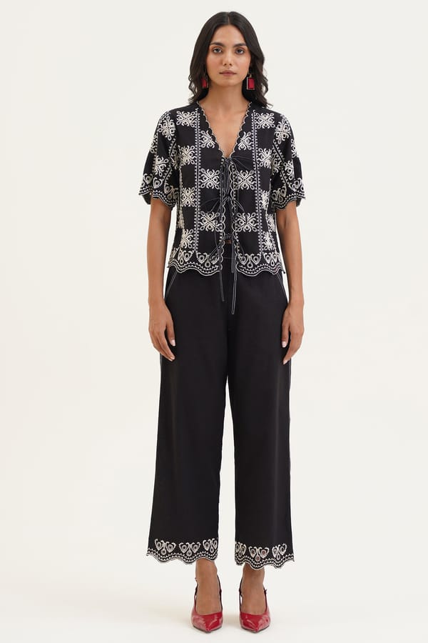 Black Wide-Leg Trousers with Contrast Hem Embroidery — STITCH STORIES