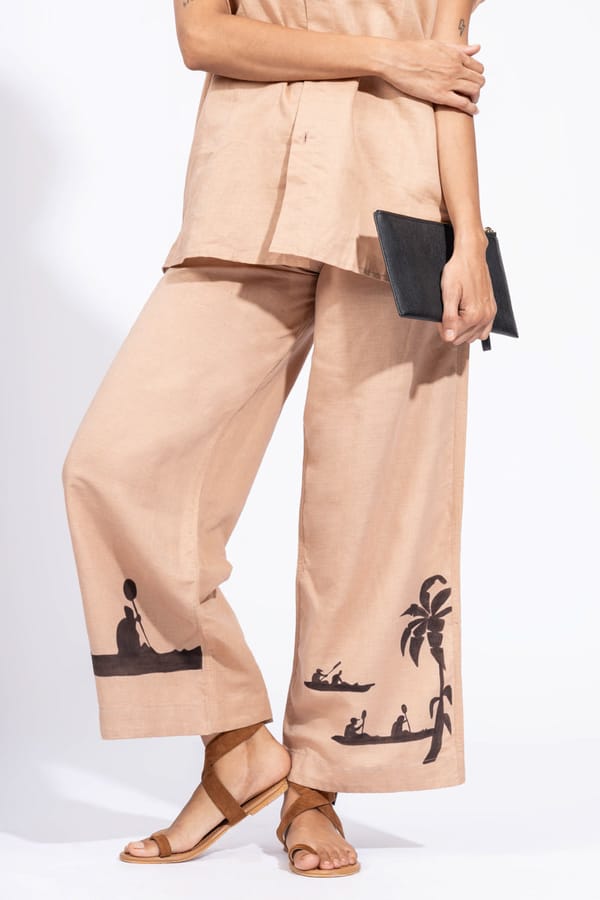 Beige Cotton-Linen Wide-Leg Trousers with Hand-Painted Motif — ASAII