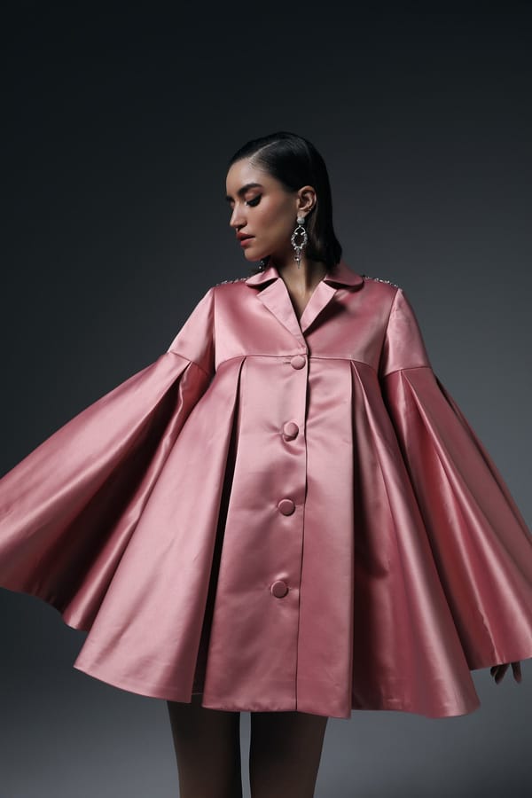 Pink Satin Mini Shirt Dress with Crystal Shoulder Detail — BELONG