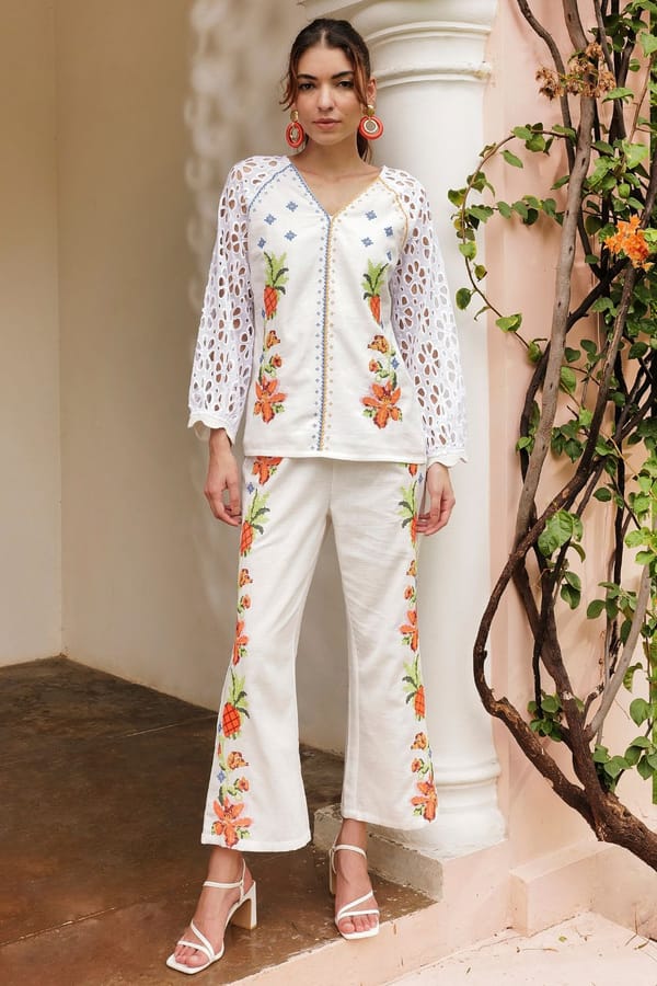 White Cotton Linen Embroidered Co-ord Set — BOHO-CHIC