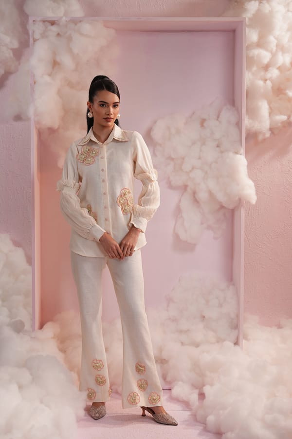 Cream Shirt and Bell-Bottom Co-ord Set — Simar Tuli